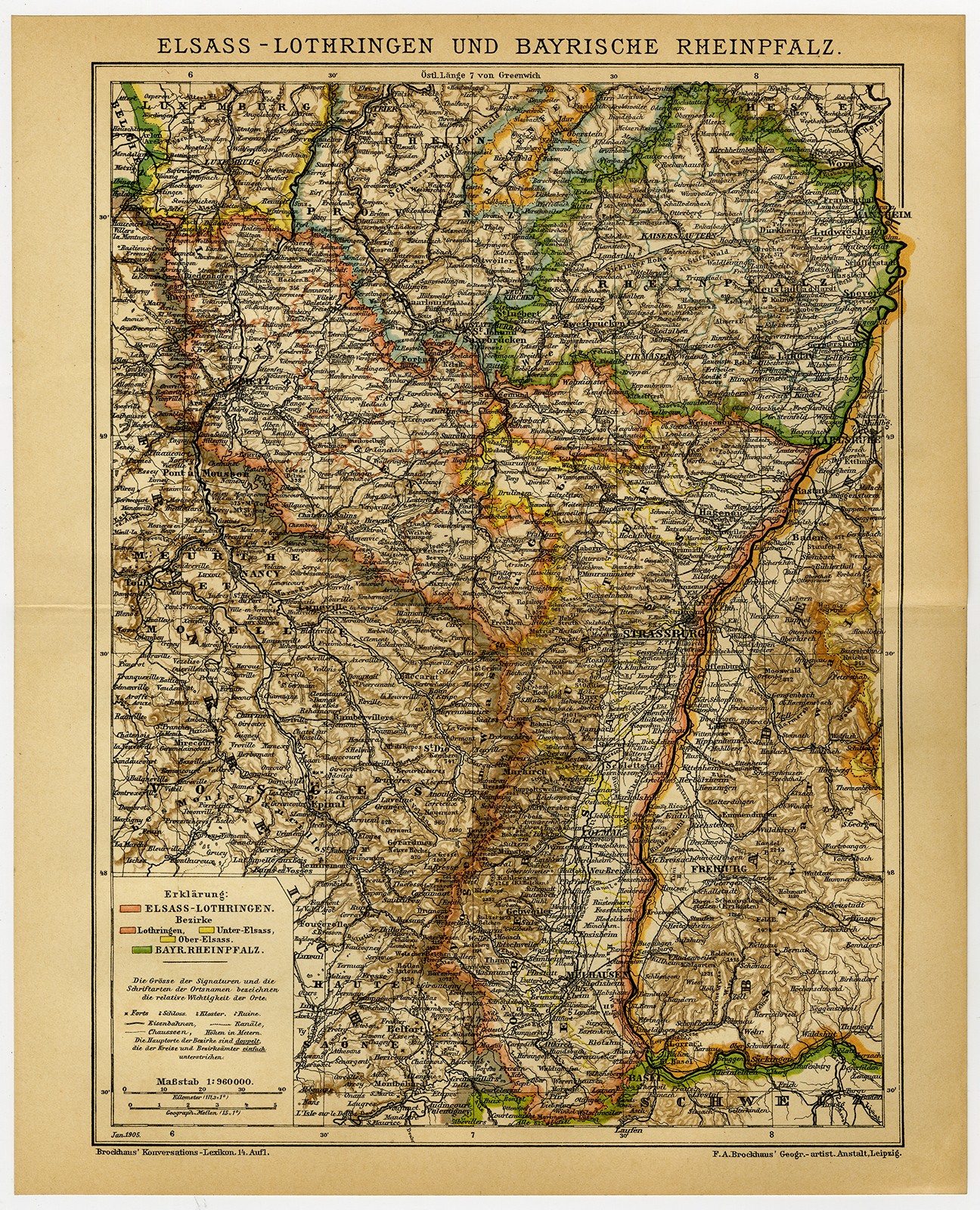 , Antique Map-ALSACE-RHEIN PFALZ-GERMANY-Brockhaus-1893, Pictura Antique Prints