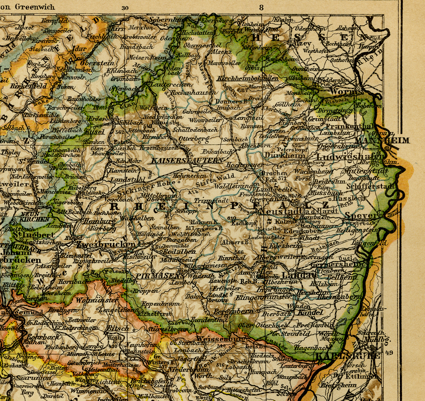 , Antique Map-ALSACE-RHEIN PFALZ-GERMANY-Brockhaus-1893, Pictura Antique Prints