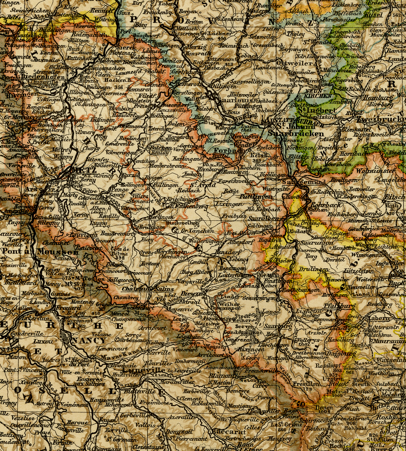 , Antique Map-ALSACE-RHEIN PFALZ-GERMANY-Brockhaus-1893, Pictura Antique Prints