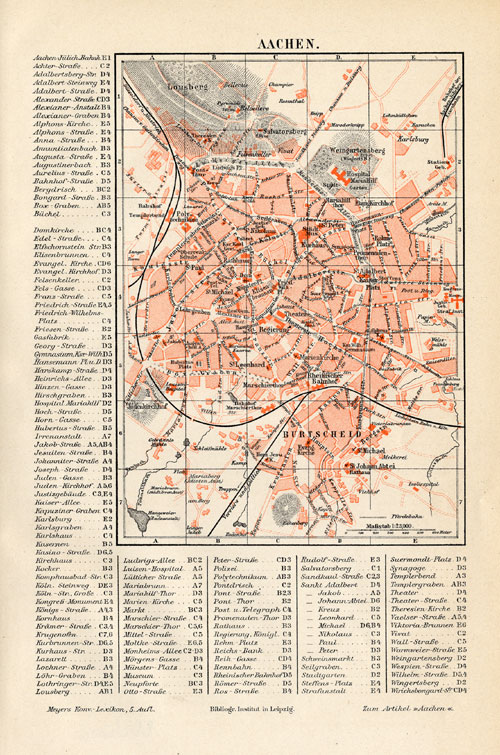 , Antique Map-AACHEN-GERMANY-Meyers-1895, Pictura Antique Prints