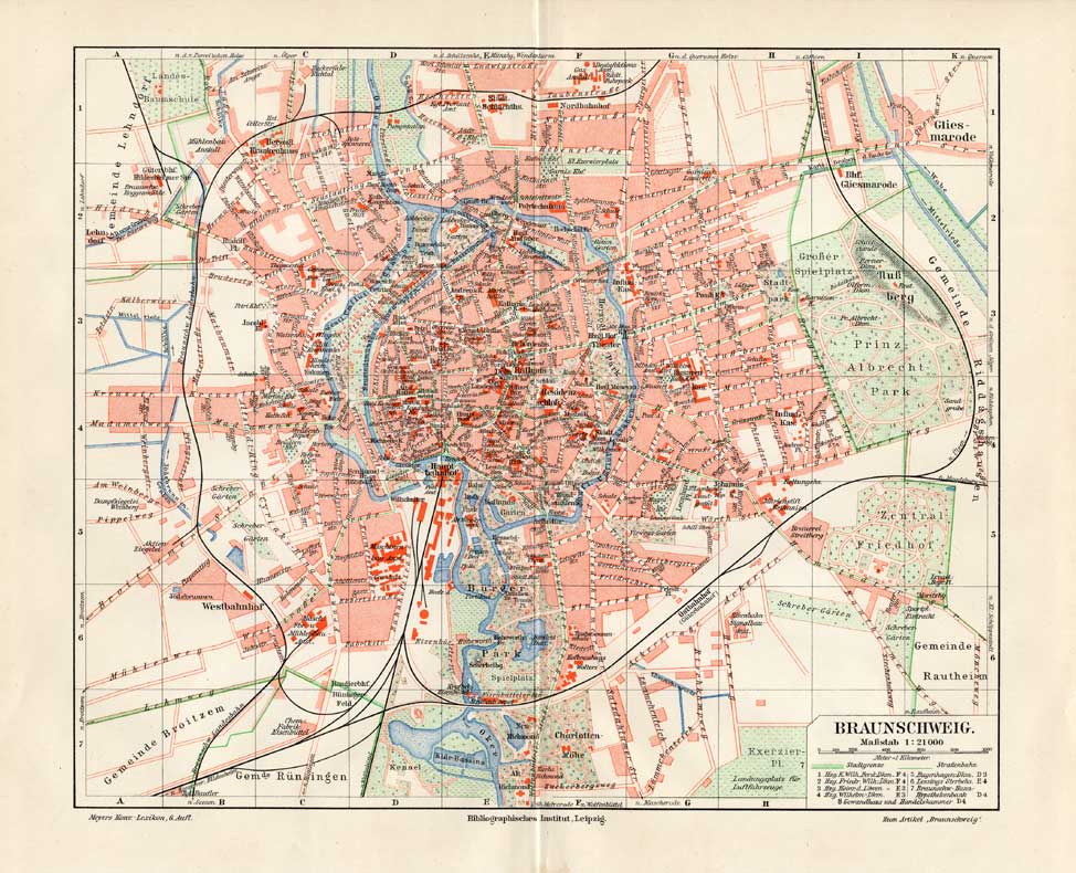 , Antique Map-BRAUNSCHWEIG-GERMANY-CITY-Meyers-1895, Pictura Antique Prints