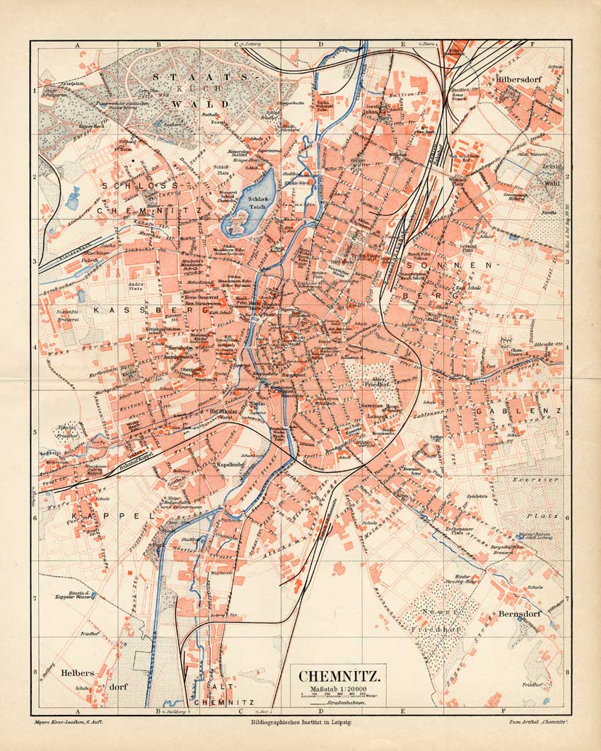 , Antique Map-CHEMNITZ-GERMANY-CITY-REGION-Meyers-1895, Pictura Antique Prints