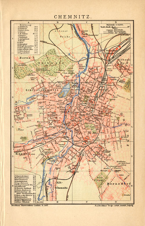 , Antique Map-CHEMNITZ-GERMANY-Brockhaus-1893, Pictura Antique Prints