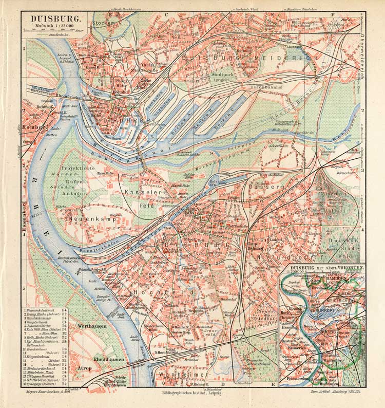 , Antique Map-DUISBURG-GERMANY-Meyers-1895, Pictura Antique Prints