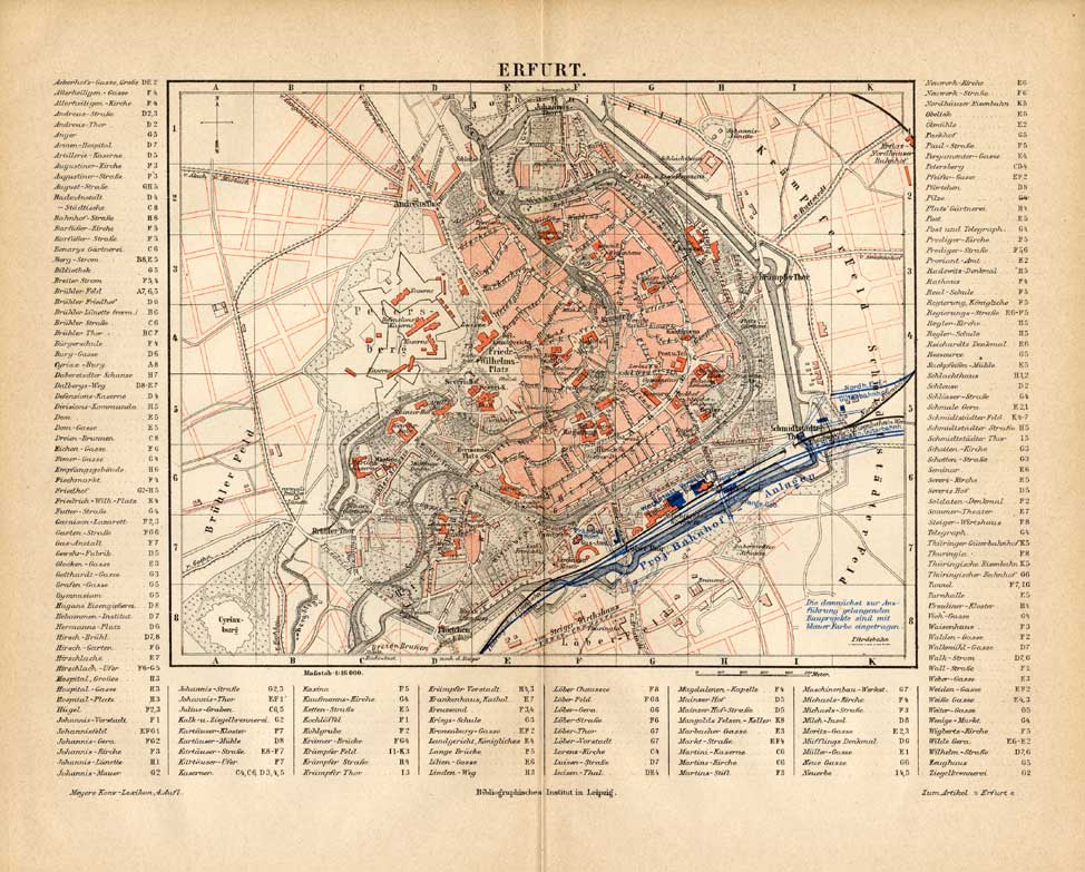 , Antique Map-ERFURT-GERMANY-LEGEND-REGISTER-Meyers-1885, Pictura Antique Prints