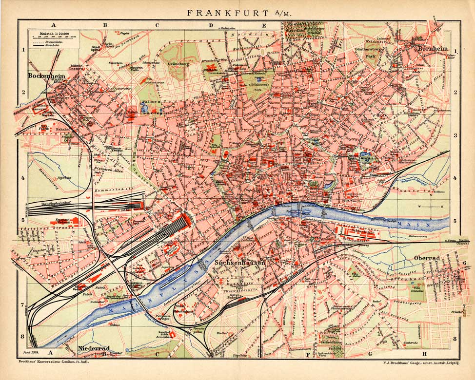 , Antique Map-FRANKFURT AM MAIN-GERMANY-Brockhaus-1893, Pictura Antique Prints