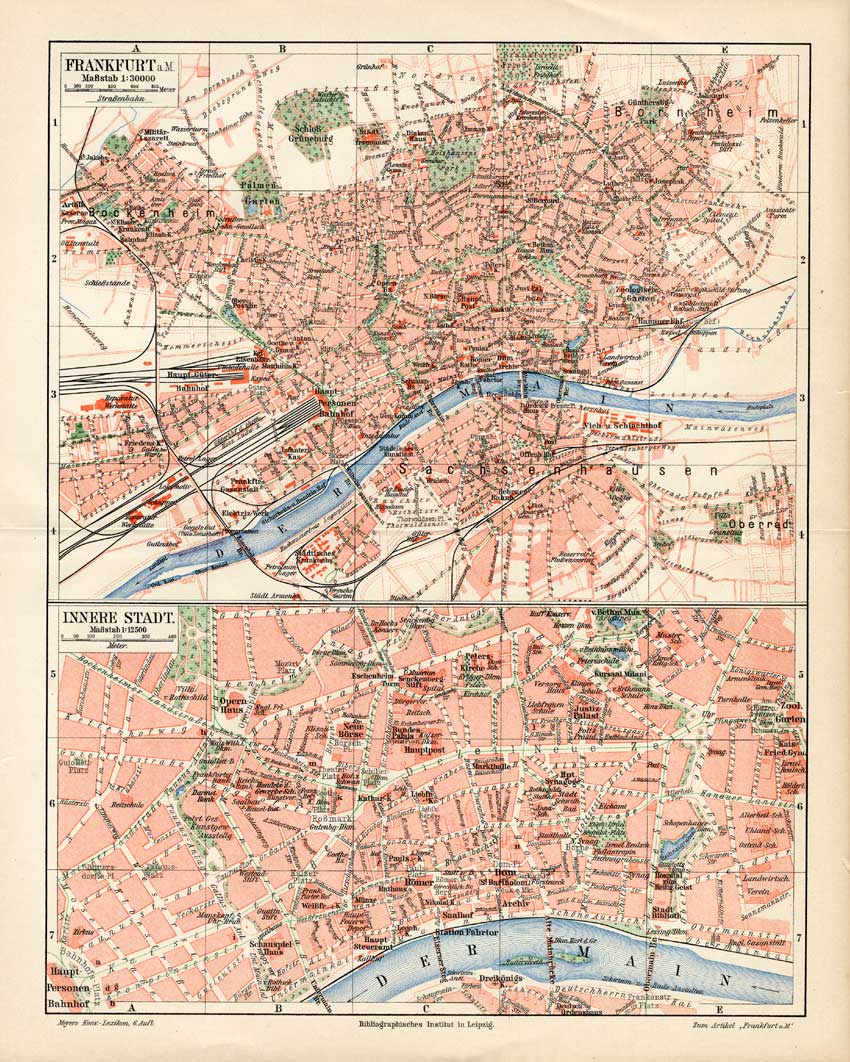 , Antique Map-FRANKFURT AM MAIN-GERMANY-CITY PLAN-Meyers-1895, Pictura Antique Prints