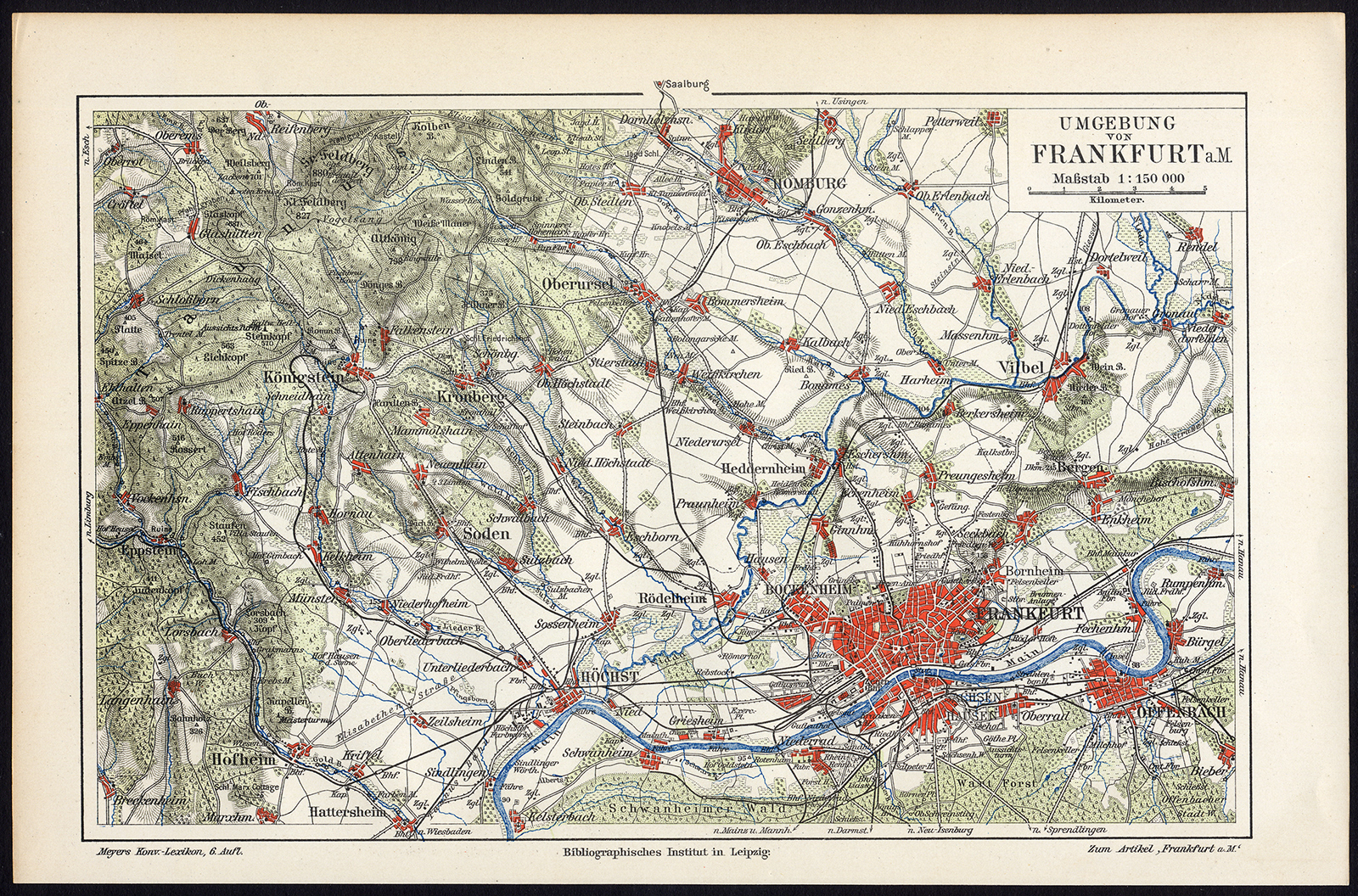 , Antique Map-FRANKFURT AM MAIN-GERMANY-SURROUNDING-REGION-Meyers-1902, Pictura Antique Prints