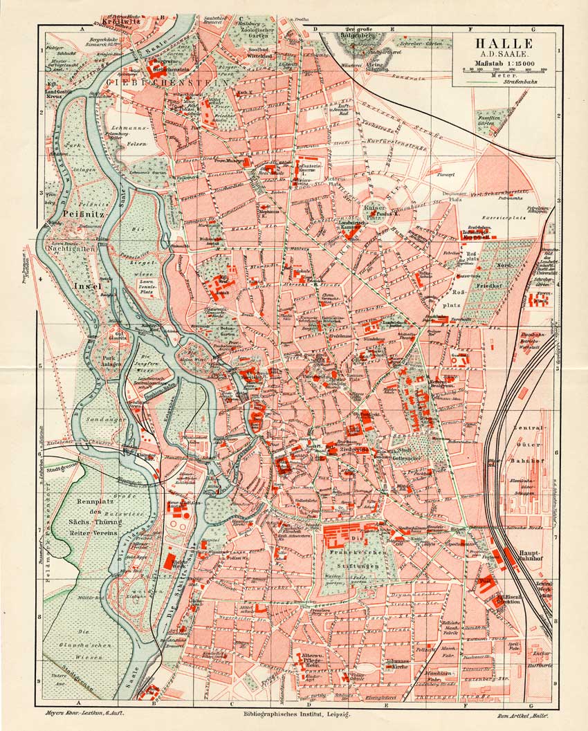 , Antique Map-HALLE-SAALE-GERMANY-CITY PLAN-Meyers-1895, Pictura Antique Prints