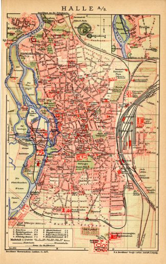Antique Map-HALLE-SAALE-GERMANY-Brockhaus-14th-1895
