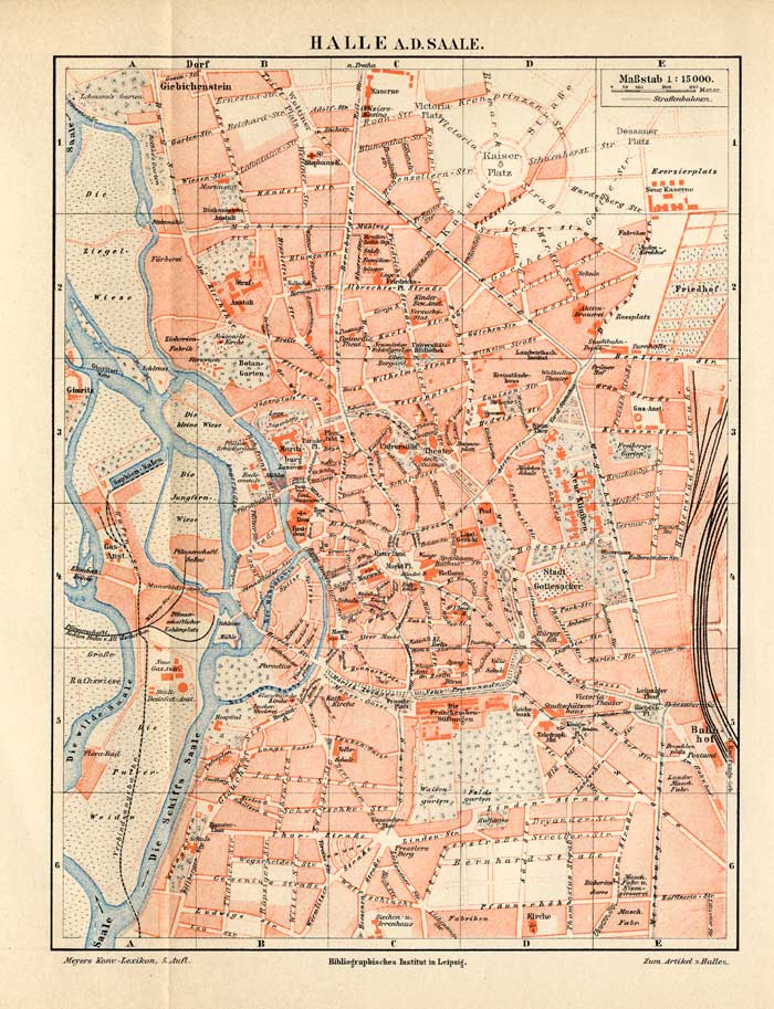, Antique Map-HALLE-SAALE-GERMANY-Meyers-1895, Pictura Antique Prints