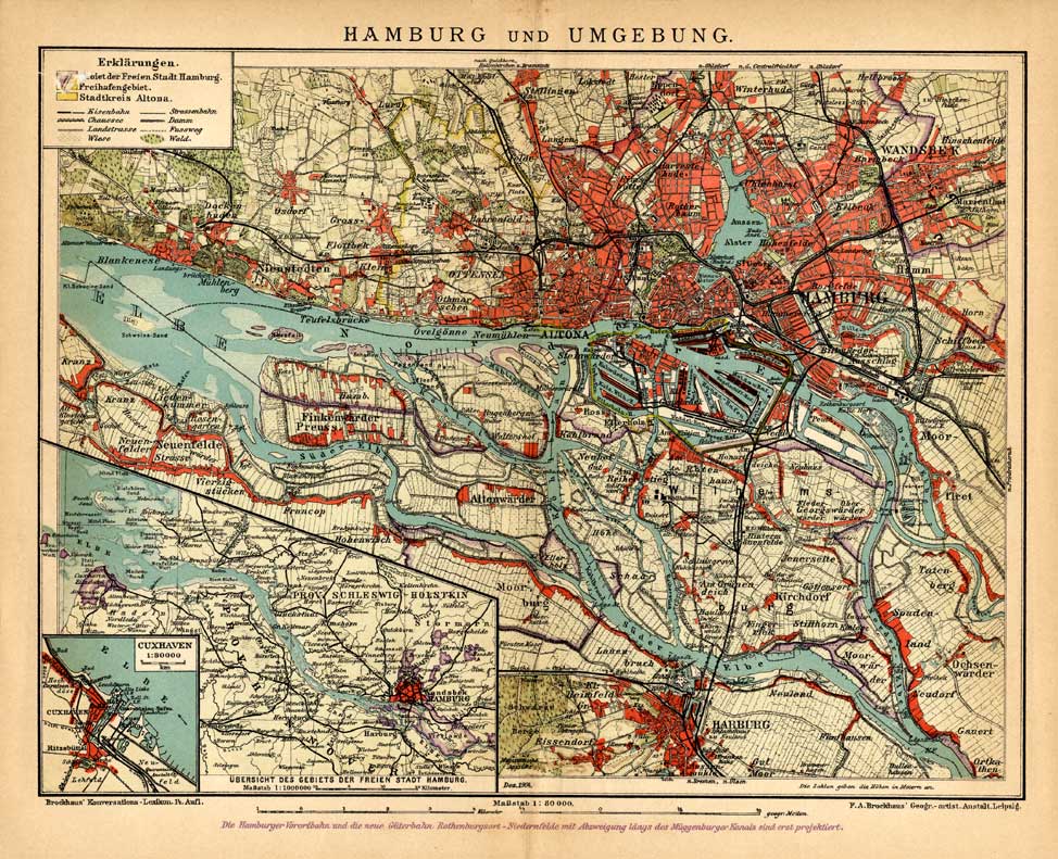 , Antique Map-HAMBURG-ALTONA-CUXHAVEN-SAXONY-GERMANY-Meyers-1895, Pictura Antique Prints