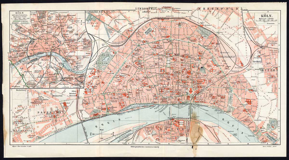, Antique Map-KOLN-COLOGNE-RHINE-CITY-GERMANY-Meyers-1902, Pictura Antique Prints