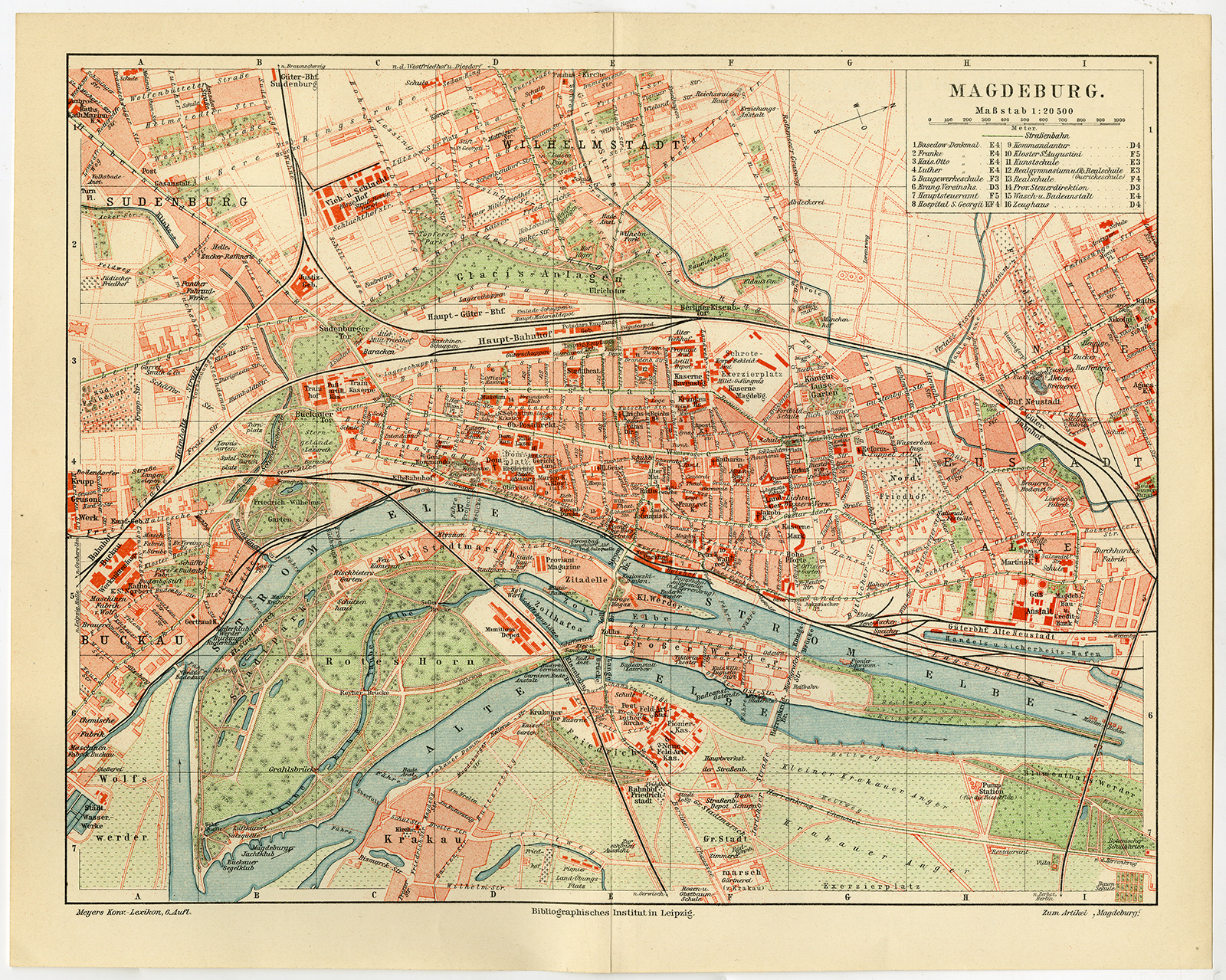 , Antique Map-MAGDEBURG-ELBE-GERMANY-CITY-PLAN-Meyers-1895, Pictura Antique Prints