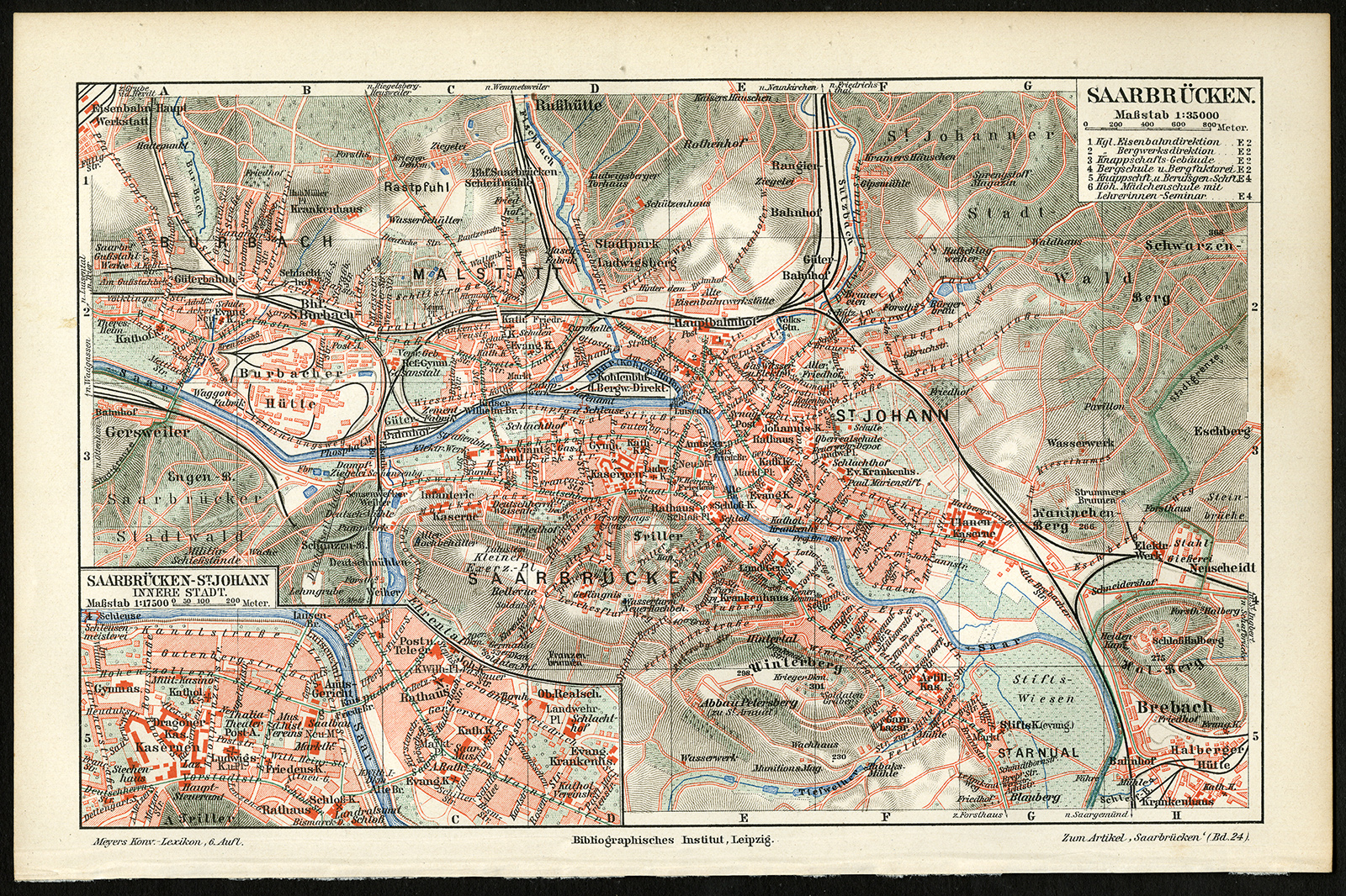 , Antique Map-SAARBRUCKEN-GERMANY-Meyers-1895, Pictura Antique Prints
