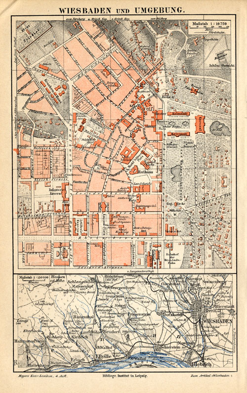 , Antique Map-WIESBADEN-GERMANY-Meyers-1895, Pictura Antique Prints