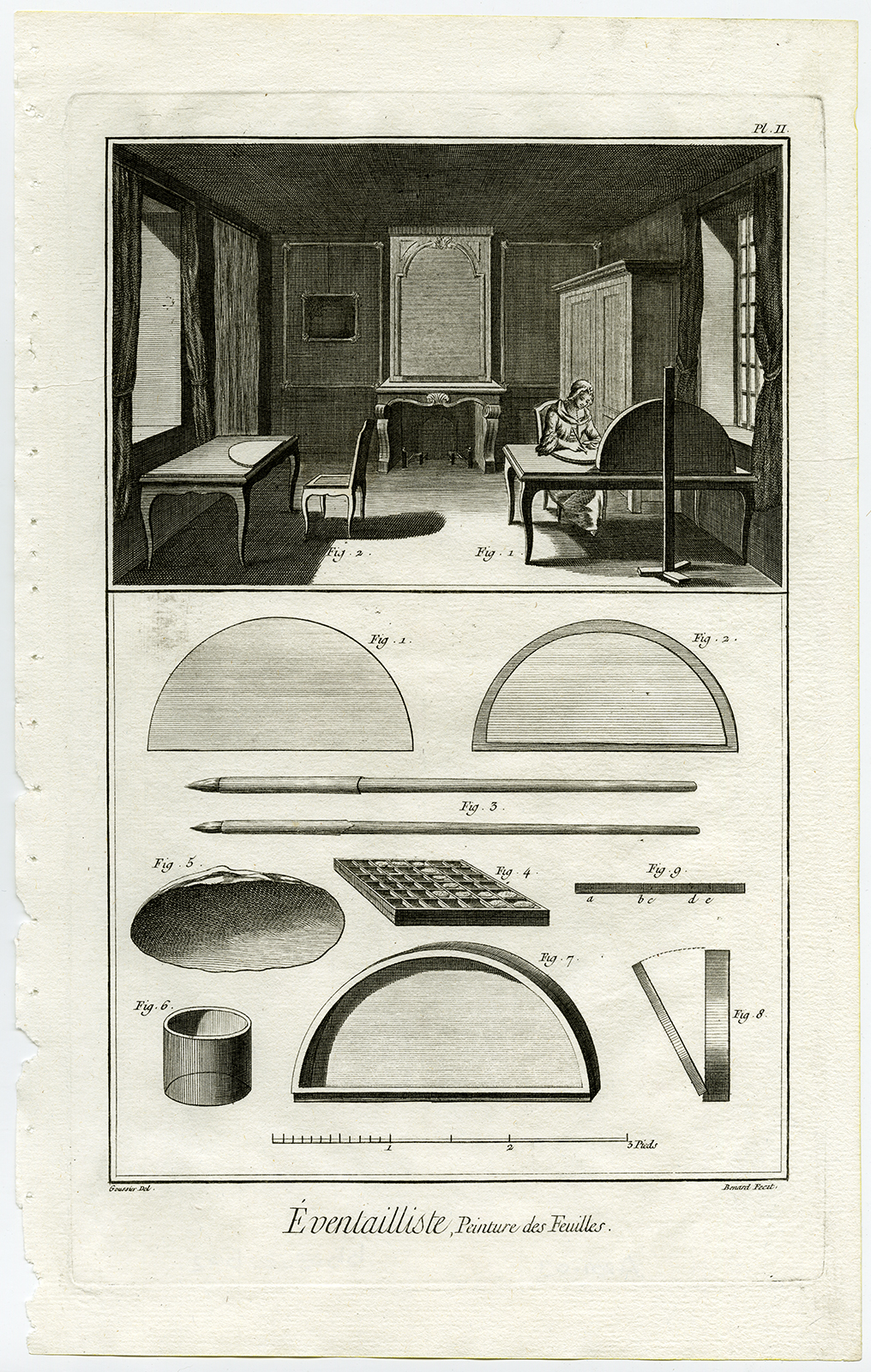 , 4 Antique Prints-FAN MAKING-HAND FAN-Diderot-1751, Pictura Antique Prints