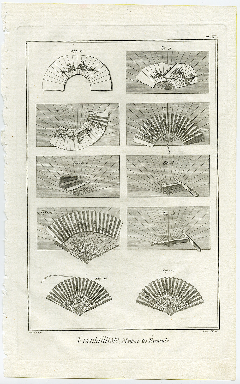 , 4 Antique Prints-FAN MAKING-HAND FAN-Diderot-1751, Pictura Antique Prints