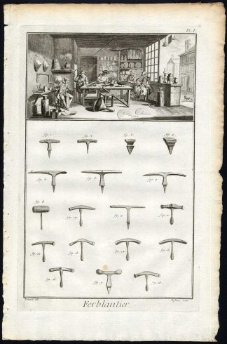 2 Antique Prints-FERBLANTIER-TINSMITH-PEWTER-TOOLS-Diderot-1751