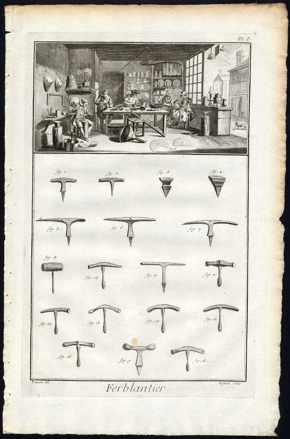 , 2 Antique Prints-FERBLANTIER-TINSMITH-PEWTER-TOOLS-Diderot-1751, Pictura Antique Prints