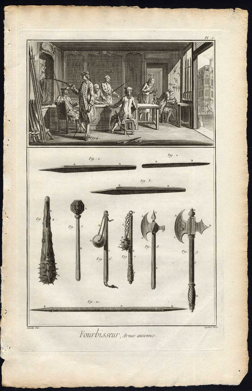 , 10 Antique Prints-FOURBISSEUR-SWORD MAKER-WEAPONS-Diderot-Defehrt-1751, Pictura Antique Prints