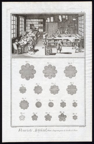 8 Antique Prints-ARTIFICIAL FLOWER MAKER-TOOLS-Diderot-Defehrt-1751