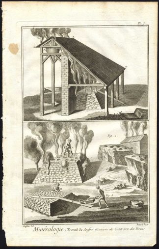 3 Antique Prints-MINERALOGY-FURNACE-SULFUR-PYRITE-INDUSTRY-Diderot-Benard-1751