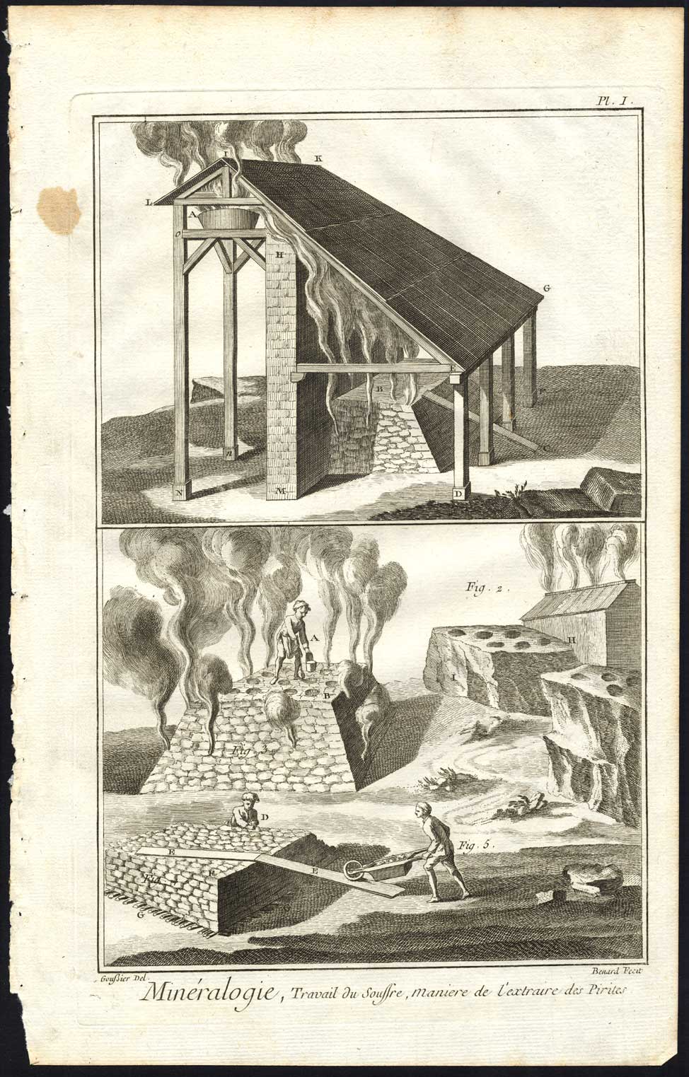 , 3 Antique Prints-MINERALOGY-FURNACE-SULFUR-PYRITE-INDUSTRY-Diderot-Benard-1751, Pictura Antique Prints