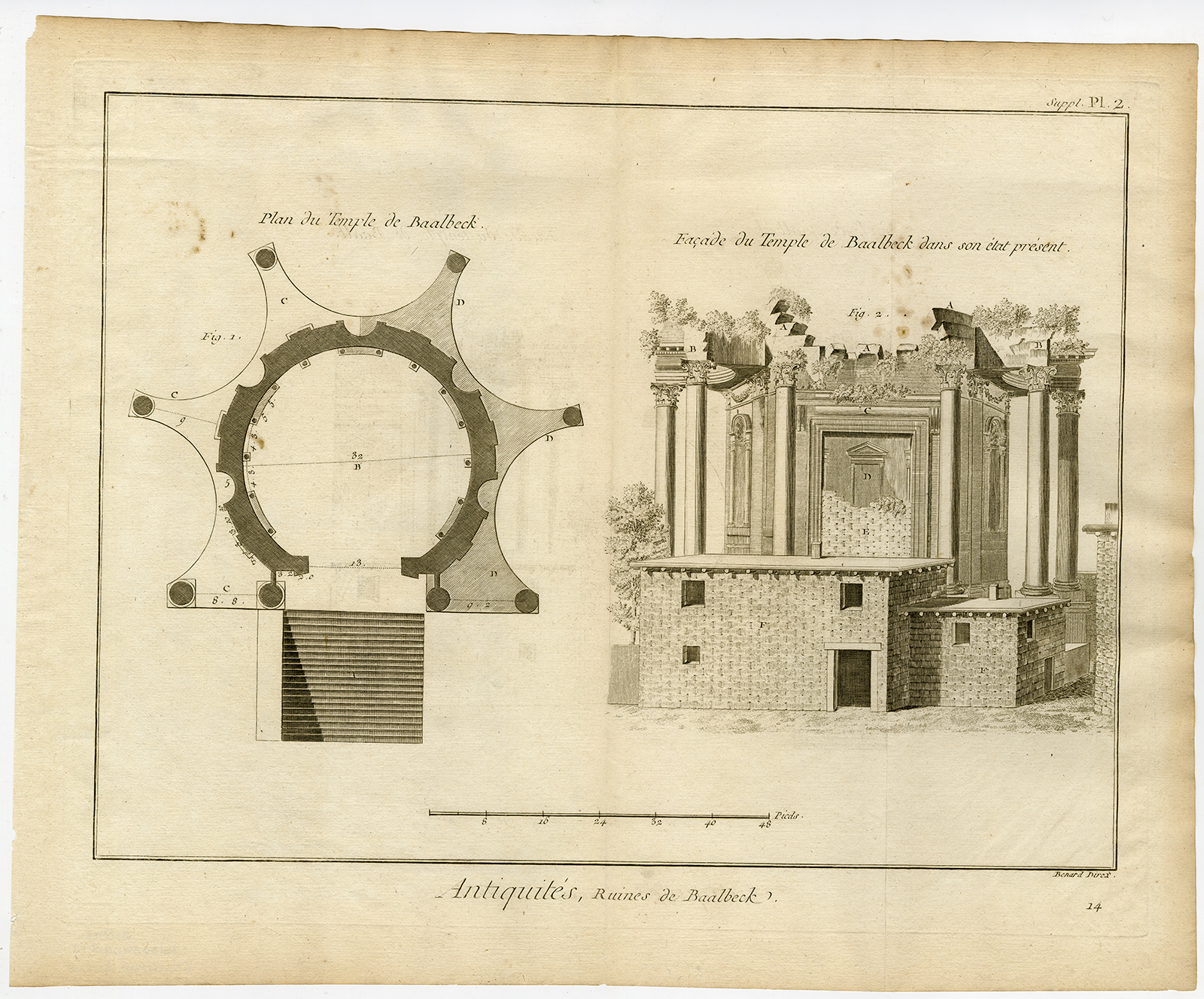, 4 Antique Prints-RUINS OF BAALBEK-TEMPLE-LEBANON-HELIOPOLIS-Diderot-Benard-1751, Pictura Antique Prints