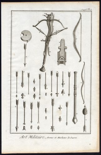 Antique Print-MILITARY-WARFARE-WEAPON-CROSSBOW-BOW-ARROW-Diderot-1751