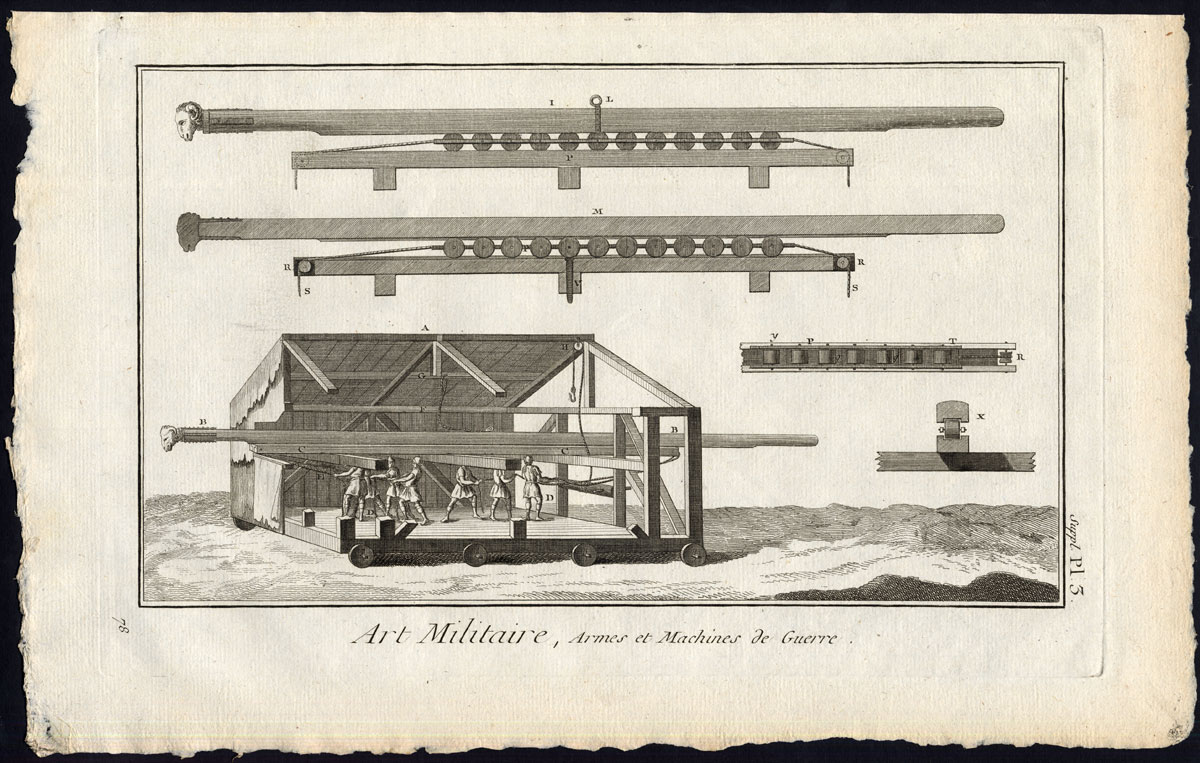 , Antique Print-MILITARY-WARFARE-WEAPON-BATTERING RAM-Diderot-1751, Pictura Antique Prints