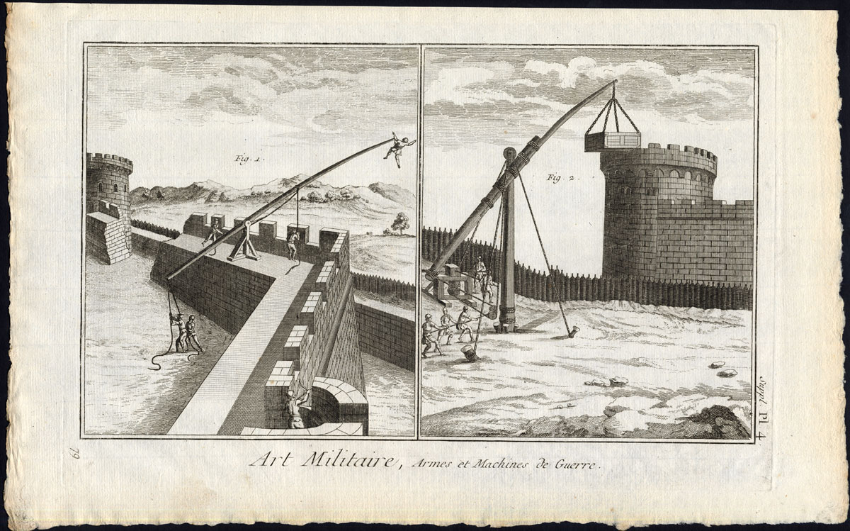 , Antique Print-MILITARY-WARFARE-WEAPON-BEAM-CASTLE-Diderot-1751, Pictura Antique Prints