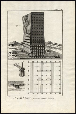 Antique Print-MILITARY-WARFARE-WEAPON-MOBILE TOWER-RHODES-GREECE-Diderot-1751