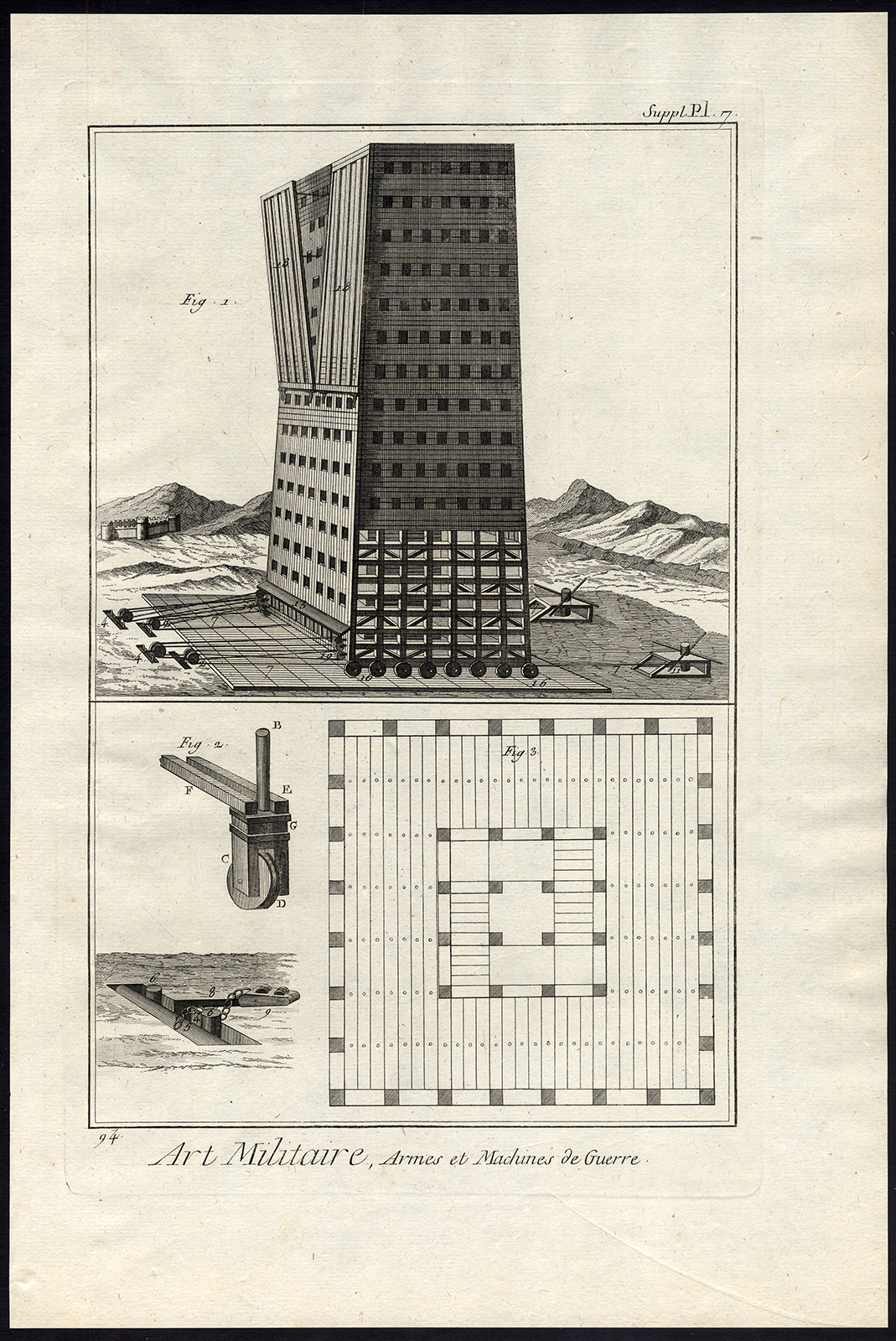 , Antique Print-MILITARY-WARFARE-WEAPON-MOBILE TOWER-RHODES-GREECE-Diderot-1751, Pictura Antique Prints