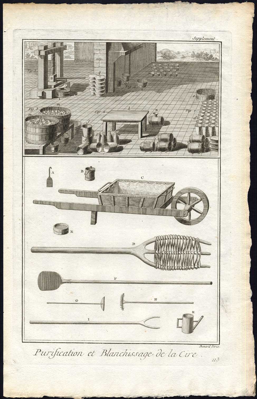 , Antique Print-PURIFICATION AND BLEACHING OF WAX-TOOLS-Diderot-Benard-1751, Pictura Antique Prints