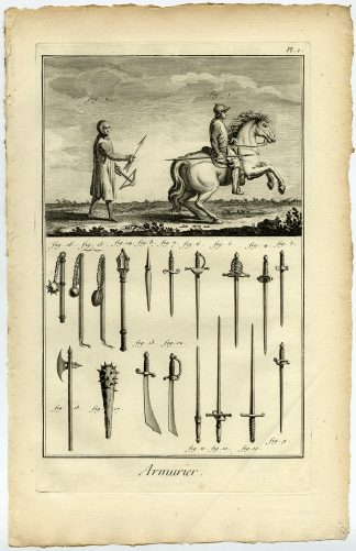 2 Antique Prints-ARMOURER-WEAPONSMITH-HORSE-SPEAR-SHIELD-SWORD-Diderot-1751