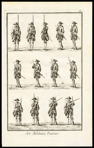 2 Antique Prints-MILITARY EXERCISE-DRILL-WEAPON-RIFLE-GUN-Diderot-1751