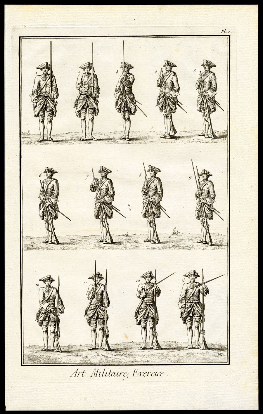 , 2 Antique Prints-MILITARY EXERCISE-DRILL-WEAPON-RIFLE-GUN-Diderot-1751, Pictura Antique Prints