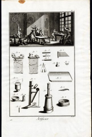 7 Antique Prints-PYROTECHNICS-FIREWORKS-EXPLOSIVES-ROCKET-Diderot-1751