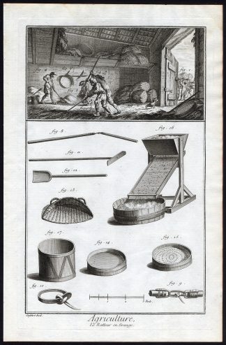 2 Antique Prints-AGRICULTURE-HARVEST-THRESHING GRAIN-TOOLS-FARMING-Diderot-1751