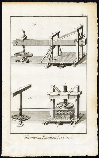 2 Antique Prints-AGRICULTURE-PRESS-MACHINE-TOOL-ECONOMY-Diderot-Defehrt-1751