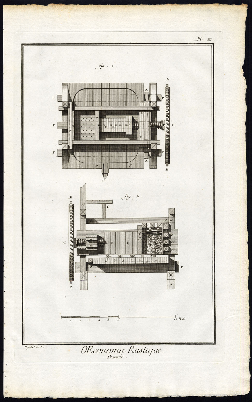, 2 Antique Prints-AGRICULTURE-PRESS-MACHINE-TOOL-ECONOMY-Diderot-Defehrt-1751, Pictura Antique Prints