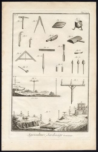 4 Antique Prints-AGRICULTURE-GARDENING-FOUNTAIN MAKING-TOOLS-Diderot-1751