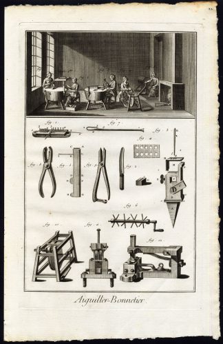 Antique Print-AIGUILLIER-BONNETIER-NEEDLE MAKING-CAP-WORKSHOP-TOOLS-Diderot-1751
