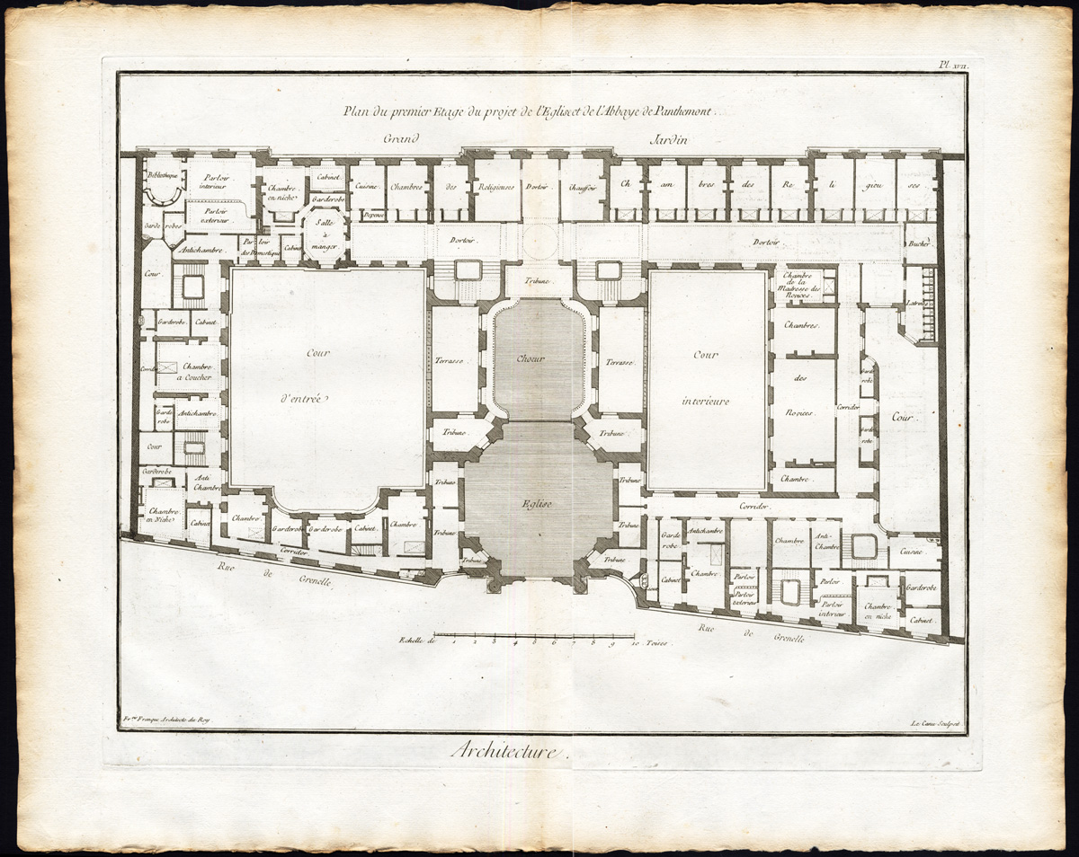 , 4 Antique Prints-ARCHITECTURE-ABBEY OF PENTHEMONT-PARIS-FRANCE-Diderot-1751, Pictura Antique Prints