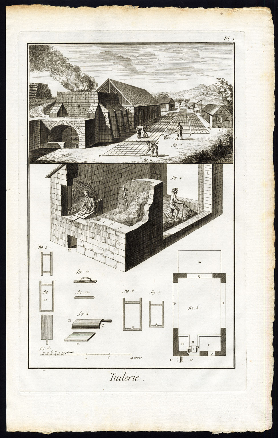 , 3 Antique Prints-TUILERIE-MANUFACTURING OF TILES-FACTORY-INDUSTRY-Diderot-1751, Pictura Antique Prints