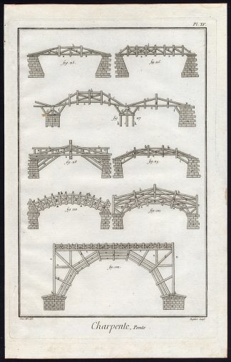 4 Antique Prints-CARPENTRY-CARPENTER-BUILDING-CONSTRUCTION-BRIDGE-Diderot-1751