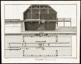 2 Antique Prints-CARPENTRY-CARPENTER-SAWMILL-LUMBER-WOOD-LOGS-Diderot-1751