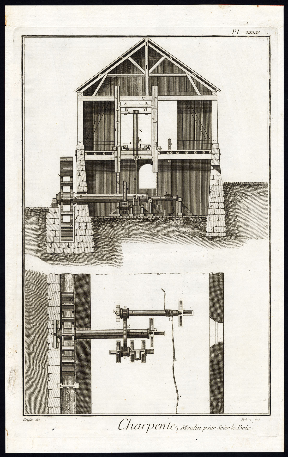 , 2 Antique Prints-CARPENTRY-CARPENTER-SAWMILL-LUMBER-WOOD-LOGS-Diderot-1751, Pictura Antique Prints