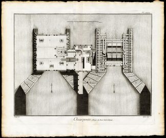 4 Antique Prints-CARPENTRY-NOTRE DAME BRIDGE-PUMPING STATION-FRANCE-Diderot-1751
